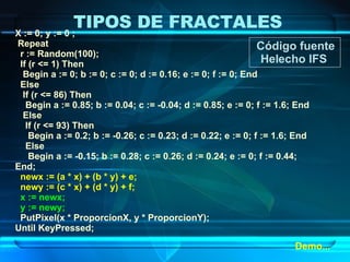Código fuente Helecho IFS  X := 0; y := 0 ; Repeat r := Random(100);  If (r <= 1) Then Begin a := 0; b := 0; c := 0; d := 0.16; e := 0; f := 0; End Else If (r <= 86) Then Begin a := 0.85; b := 0.04; c := -0.04; d := 0.85; e := 0; f := 1.6; End Else If (r <= 93) Then Begin a := 0.2; b := -0.26; c := 0.23; d := 0.22; e := 0; f := 1.6; End Else Begin a := -0.15; b := 0.28; c := 0.26; d := 0.24; e := 0; f := 0.44; End; newx := (a * x) + (b * y) + e; newy := (c * x) + (d * y) + f; x := newx; y := newy; PutPixel(x * ProporcionX, y * ProporcionY); Until KeyPressed;  Demo... TIPOS DE FRACTALES 