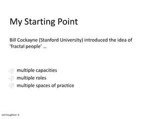 My Starting Point
       Bill Cockayne (Stanford University) introduced the idea of
       ‘fractal people’ …



             multiple capacities
             multiple roles
             multiple spaces of practice




neil houghton: 4
 