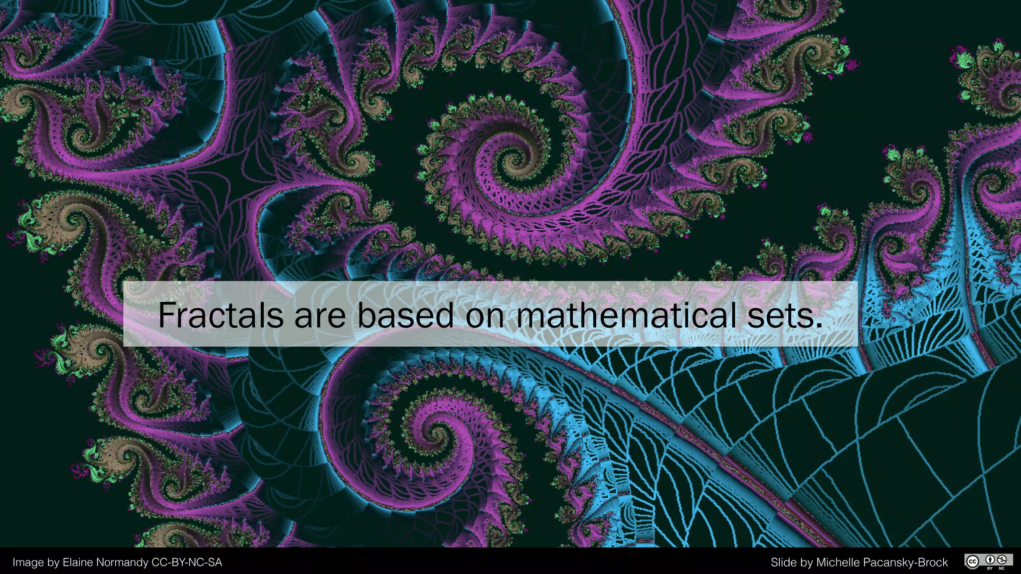 Fractals are based on mathematical sets.
Slide by Michelle Pacansky-BrockImage by Elaine Normandy CC-BY-NC-SA
 
