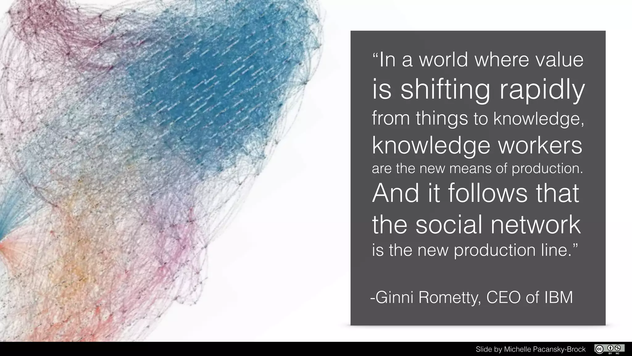 “In a world where value
is shifting rapidly
from things to knowledge,
knowledge workers
are the new means of production.
And it follows that
the social network
is the new production line.”
-Ginni Rometty, CEO of IBM
Slide by Michelle Pacansky-Brock
 