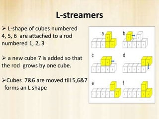 L-streamers
 L-shape of cubes numbered
4, 5, 6 are attached to a rod
numbered 1, 2, 3

 a new cube 7 is added so that
the rod grows by one cube.

Cubes 7&6 are moved till 5,6&7
 forms an L shape
 