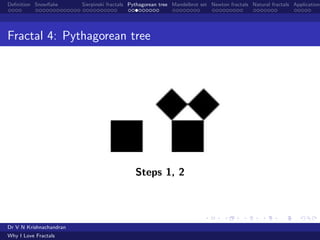 Deﬁnition Snowﬂake Sierpinski fractals Pythagorean tree Mandelbrot set Newton fractals Natural fractals Applications
Fract...