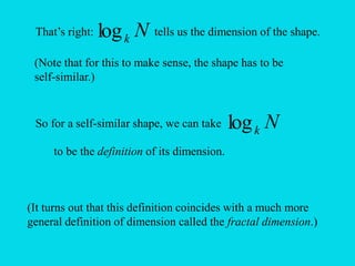 That’s right: N
k
log tells us the dimension of the shape.
(Note that for this to make sense, the shape has to be
self-similar.)
So for a self-similar shape, we can take N
k
log
to be the definition of its dimension.
(It turns out that this definition coincides with a much more
general definition of dimension called the fractal dimension.)
 