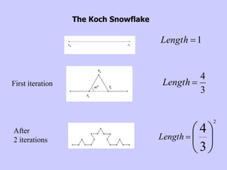 The Koch Snowflake
3
4

Length
1

Length







3
4
2
Length
First iteration
After
2 iterations
 