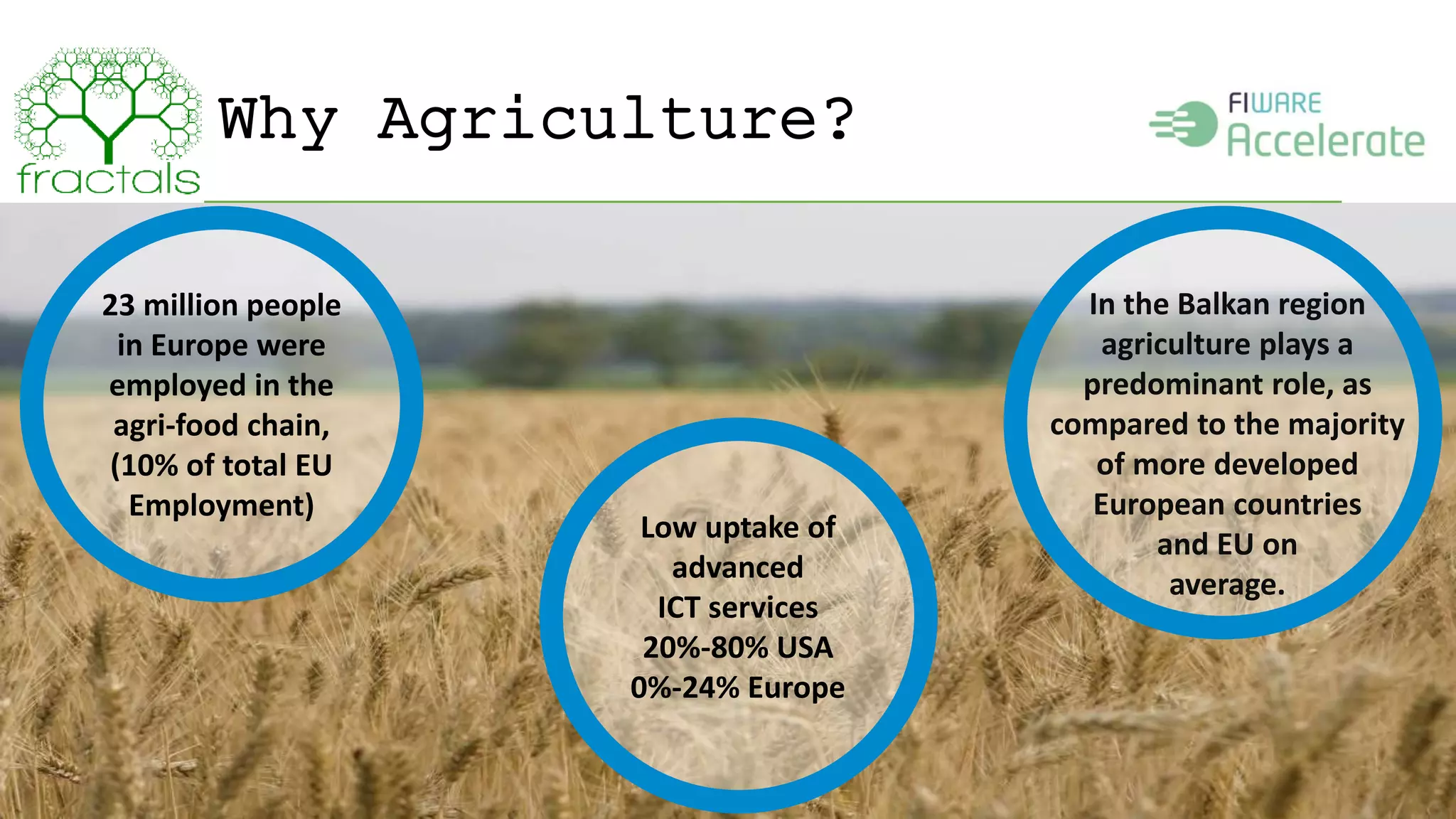 Why Agriculture? 
Low uptake of 
advanced 
ICT services 
20%‐80% USA 
0%‐24% Europe 
In the Balkan region 
agriculture plays a 
predominant role, as 
compared to the majority 
of more developed 
European countries 
and EU on 
average. 
23 million people 
in Europe were 
employed in the 
agri‐food chain, 
(10% of total EU 
Employment) 
 