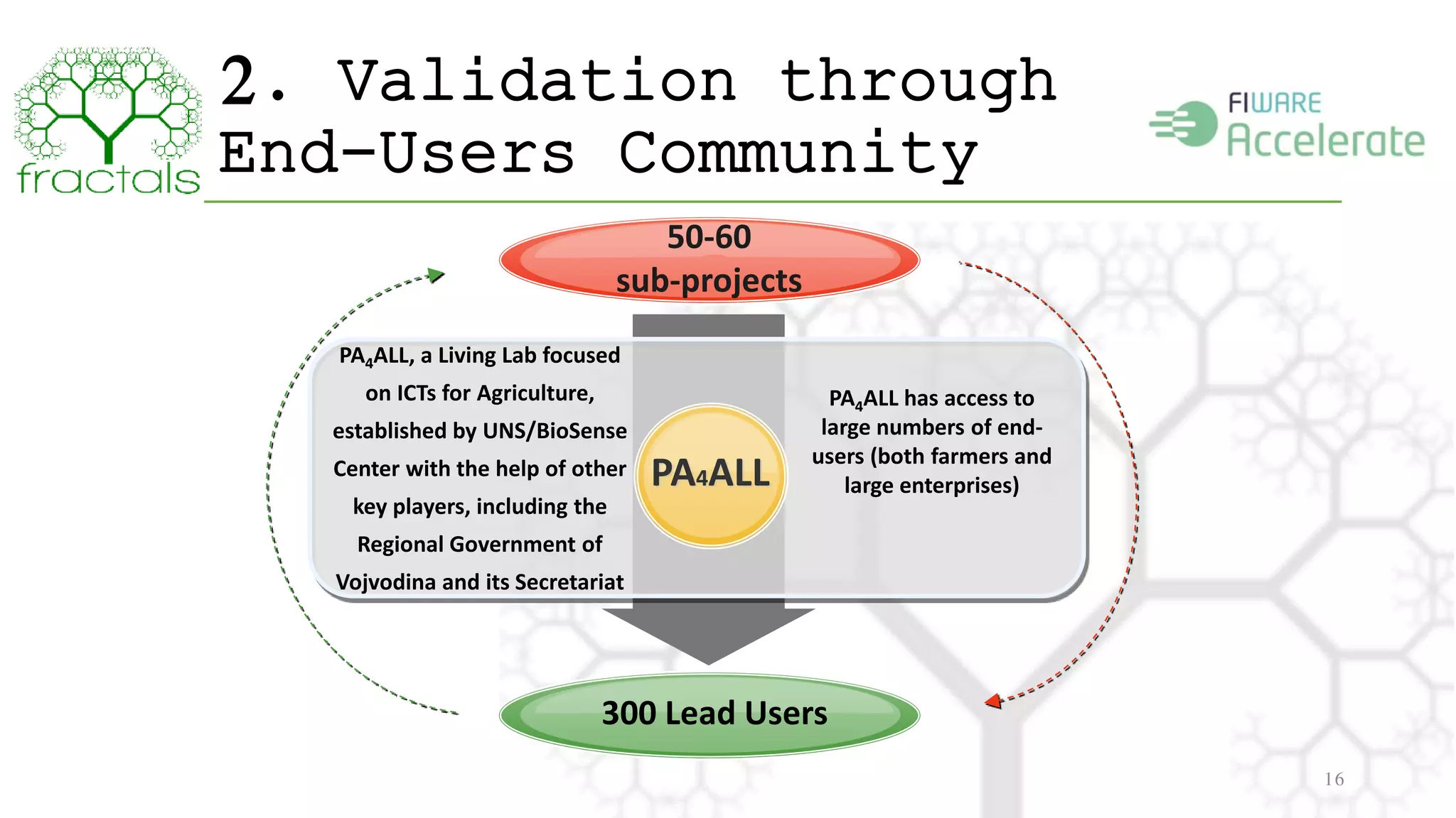 2. Validation through 
End-Users Community 
16 
50-60 
sub-projects 
PA4ALL, a Living Lab focused 
300 Lead Users 
on ICTs for Agriculture, 
established by UNS/BioSense 
Center with the help of other 
key players, including the 
Regional Government of 
Vojvodina and its Secretariat 
PA4ALL has access to 
large numbers of end-users 
(both farmers and 
PA4ALL large enterprises) 
 