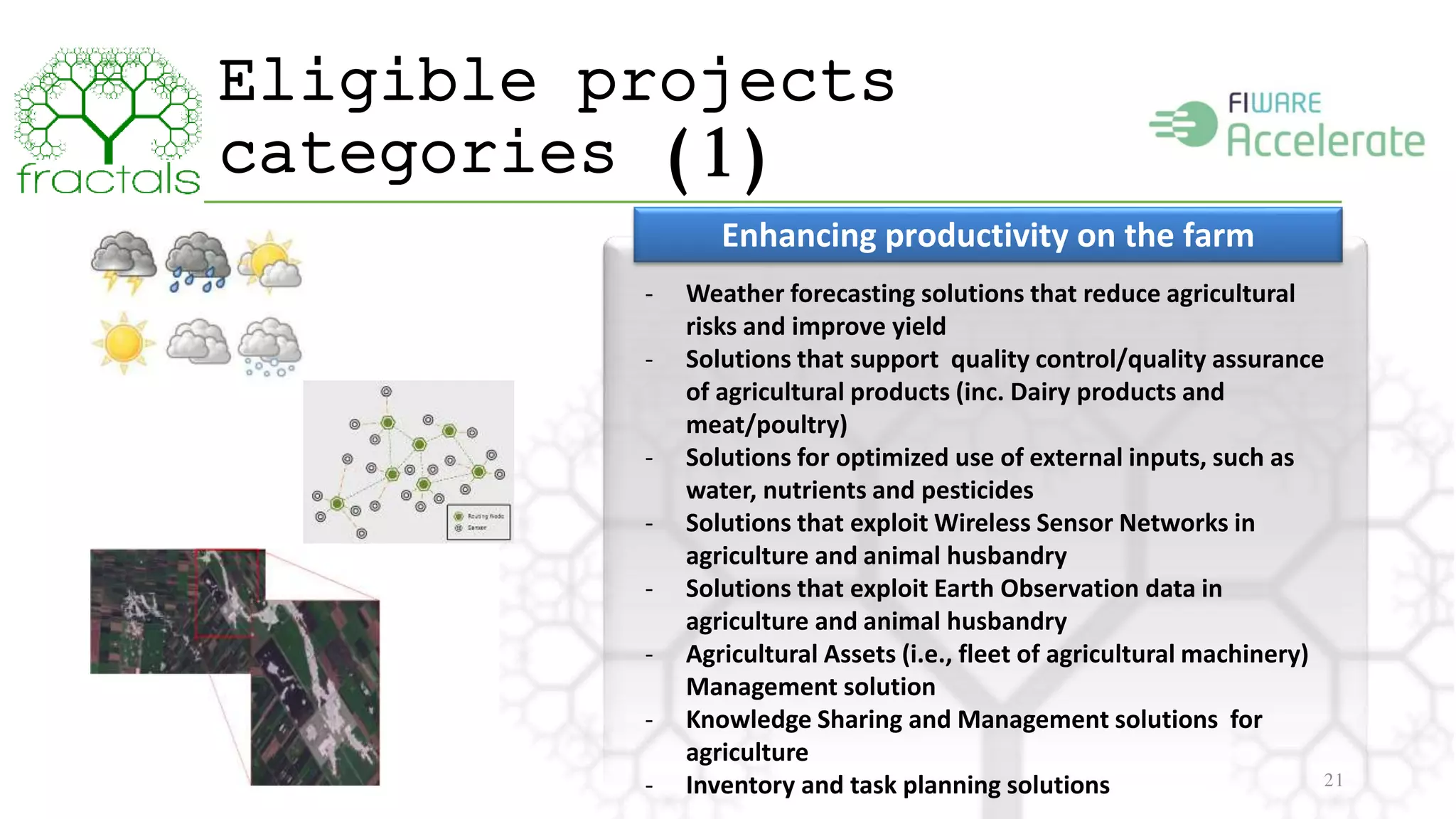 21 
Eligible projects 
categories (1) 
Enhancing Enhancing productivity productivity on on the the farm 
farm 
- Weather forecasting solutions that reduce agricultural 
risks and improve yield 
- Solutions that support quality control/quality assurance 
of agricultural products (inc. Dairy products and 
meat/poultry) 
- Solutions for optimized use of external inputs, such as 
water, nutrients and pesticides 
- Solutions that exploit Wireless Sensor Networks in 
agriculture and animal husbandry 
- Solutions that exploit Earth Observation data in 
agriculture and animal husbandry 
- Agricultural Assets (i.e., fleet of agricultural machinery) 
Management solution 
- Knowledge Sharing and Management solutions for 
agriculture 
- Inventory and task planning solutions 
 