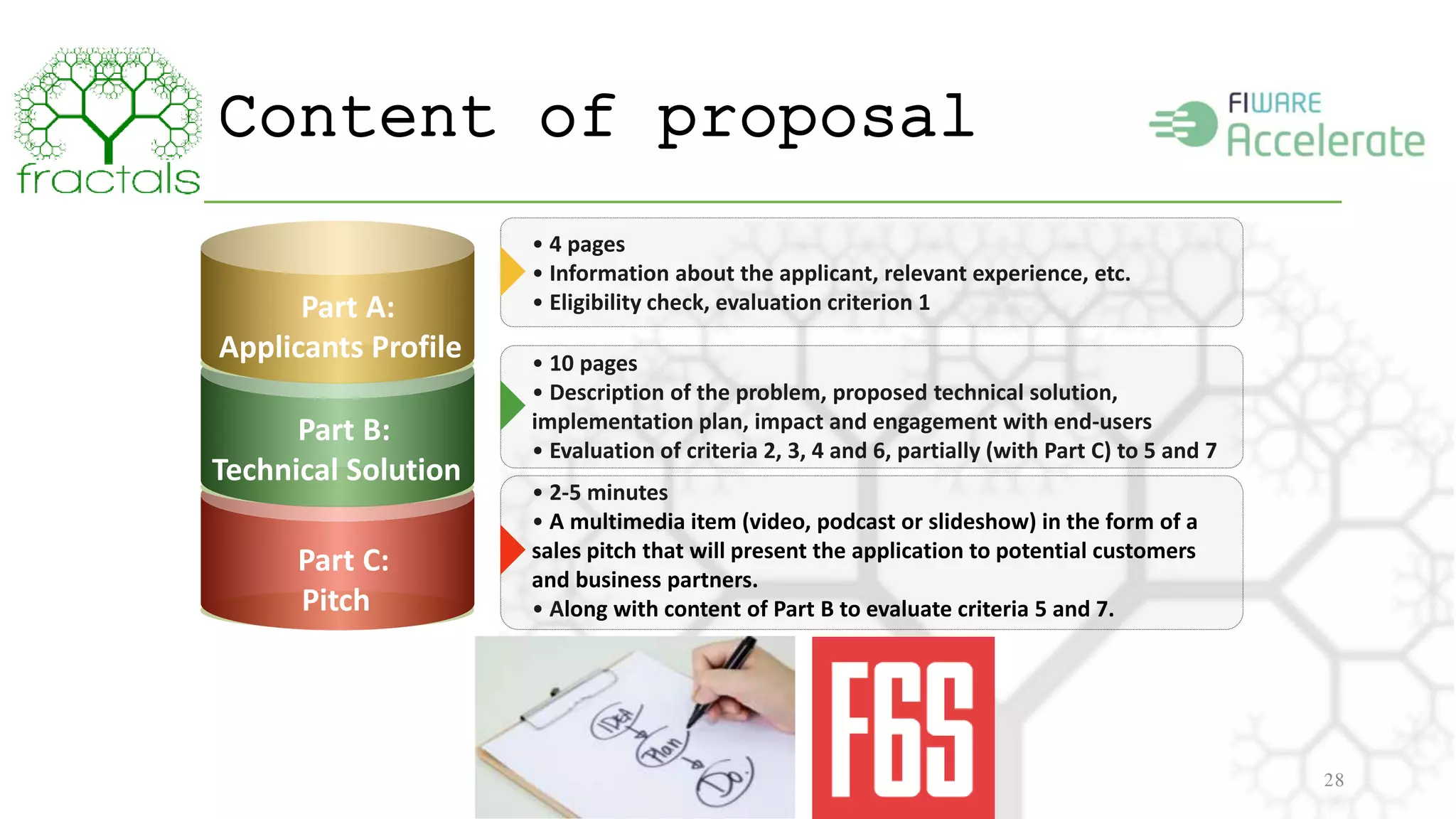 Content of proposal 
28 
Part A: 
Applicants Profile 
• 4 pages 
• Information about the applicant, relevant experience, etc. 
• Eligibility check, evaluation criterion 1 
Part B: 
Technical Solution 
Part C: 
Pitch 
• 10 pages 
• Description of the problem, proposed technical solution, 
implementation plan, impact and engagement with end-users 
• Evaluation of criteria 2, 3, 4 and 6, partially (with Part C) to 5 and 7 
• 2-5 minutes 
• A multimedia item (video, podcast or slideshow) in the form of a 
sales pitch that will present the application to potential customers 
and business partners. 
• Along with content of Part B to evaluate criteria 5 and 7. 
 