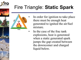 Fire Triangle:  Static Spark In order for ignition to take place there must be enough heat generated to ignited the air/fuel mixture. In the case of the frac tank explosions, heat is generated when a static generated spark jumps the gap created between the downcomer and charged liquid below. HEAT 