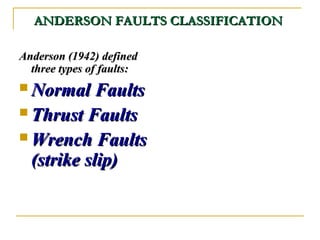 ANDERSON FAULTS CLASSIFICATIONANDERSON FAULTS CLASSIFICATION
Anderson (1942) definedAnderson (1942) defined
three types of faults:three types of faults:
 Normal FaultsNormal Faults
 Thrust FaultsThrust Faults
 Wrench FaultsWrench Faults
(strike slip)(strike slip)
 
