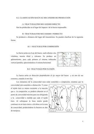 4
II.2. CLASIFICACIÓN SEGÚN SU MECANISMO DE PRODUCCIÓN
A./ FRACTURAS POR MECANISMO DIRECTO
Son las producidas en el lugar del impacto de la fuerza responsable.
B/ FRACTURAS POR MECANISMO INDIRECTO
Se producen a distancia del lugar del traumatismo. Se pueden clasificar de la siguiente
forma:
B.1/ FRACTURAS POR COMPRESIÓN
La fuerza actúa en el eje del hueso, suele afectar a las
vértebras, meseta tibial y calcaneo. Se produce un
aplastamiento, pues cede primero el sistema trabecular
vertical paralelo, aproximándose el sistema horizontal
B.2/ FRACTURAS POR FLEXIÓN
La fuerza actúa en dirección perpendicular al eje mayor del hueso y en uno de sus
extremos, estando el otro fijo.
Los elementos de la concavidad ósea están sometidos a compresión, mientras que la
convexidad está sometidos a distracción. Y como
el tejido óseo es menos resistente a la tracción
que a la compresión, se perderá cohesión en el
punto de convexidad máxima para irse dirigiendo
a la concavidad a medida que cede el tejido
óseo. Al sobrepasar la línea neutra puede
continuar en un trazo único o dividirse en la zona
de concavidad, produciéndose la fractura en alas
de mariposa.
 