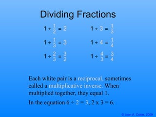 Dividing Fractions ÷  = 1 2 1 2 ÷  = 1 3 1 3 Each white pair is a  reciprocal,  sometimes called a  multiplicative inverse...