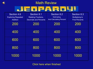 Math Review Click here when finished Section 8.3 Multiplying to  Find Percents Section 8.2 Estimating  And Calculating Percent Section 8.1 Relating Fractions, Decimals and Percents Section 4.6 Exploring Repeated Addition 1000 1000 1000 1000 800 800 800 800 600 600 600 600 400 400 400 400 200 200 200 200 