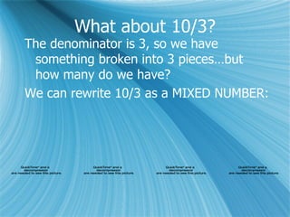 What about 10/3? The denominator is 3, so we have something broken into 3 pieces…but how many do we have? We can rewrite 10/3 as a MIXED NUMBER: 