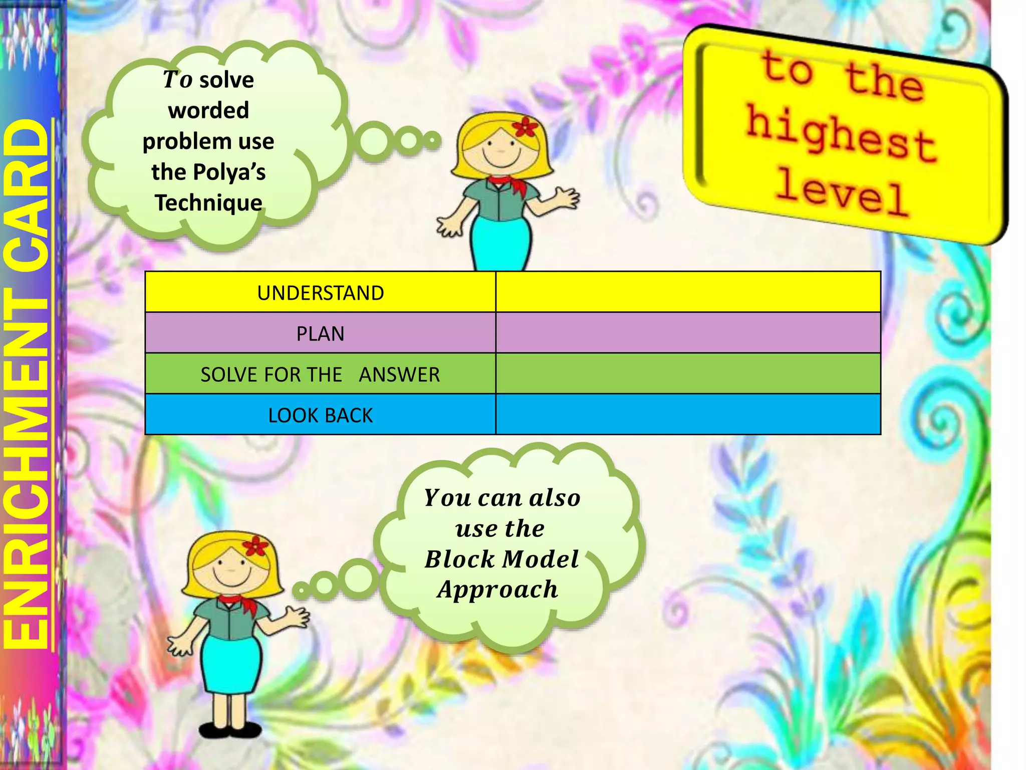 ENRICHMENTCARD
𝑻𝒐 solve
worded
problem use
the Polya’s
Technique
UNDERSTAND
PLAN
SOLVE FOR THE ANSWER
LOOK BACK
𝒀𝒐𝒖 𝒄𝒂𝒏 𝒂𝒍𝒔𝒐
𝒖𝒔𝒆 𝒕𝒉𝒆
𝑩𝒍𝒐𝒄𝒌 𝑴𝒐𝒅𝒆𝒍
𝑨𝒑𝒑𝒓𝒐𝒂𝒄𝒉
 