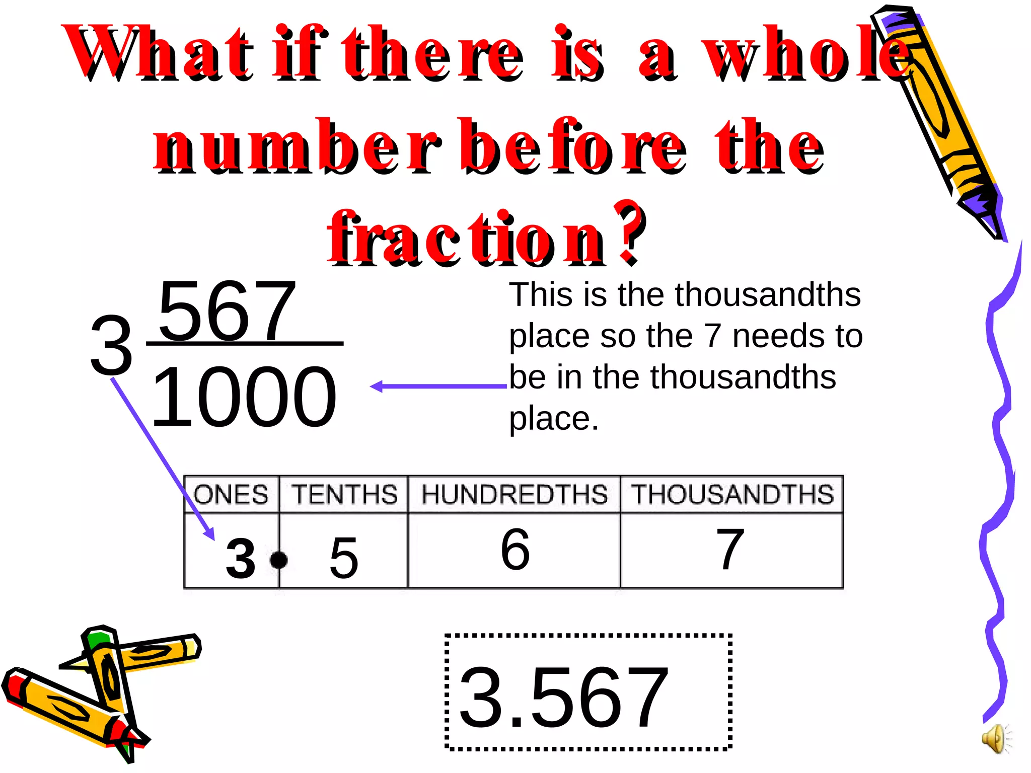 What if there is a whole number before the fraction? 1000 567 This is the  thousandths  place so the  7  needs to be in the  thousandths  place. 5 6 3.567 7 3 3 