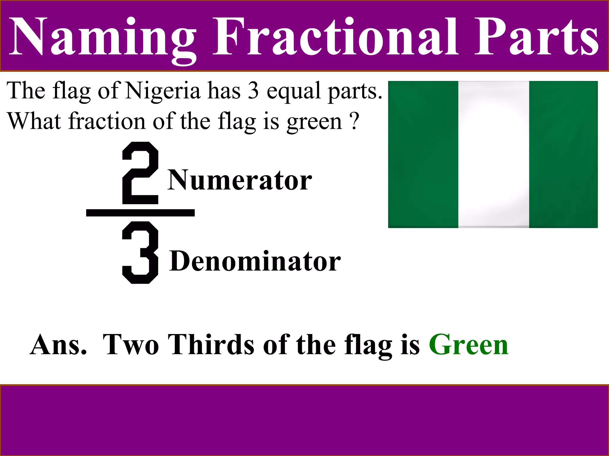 Naming Fractional Parts 
The flag of Nigeria has 3 equal parts. 
What fraction of the flag is green ? 
Numerator 
Denominator 
Ans. Two Thirds of the flag is Green 
 