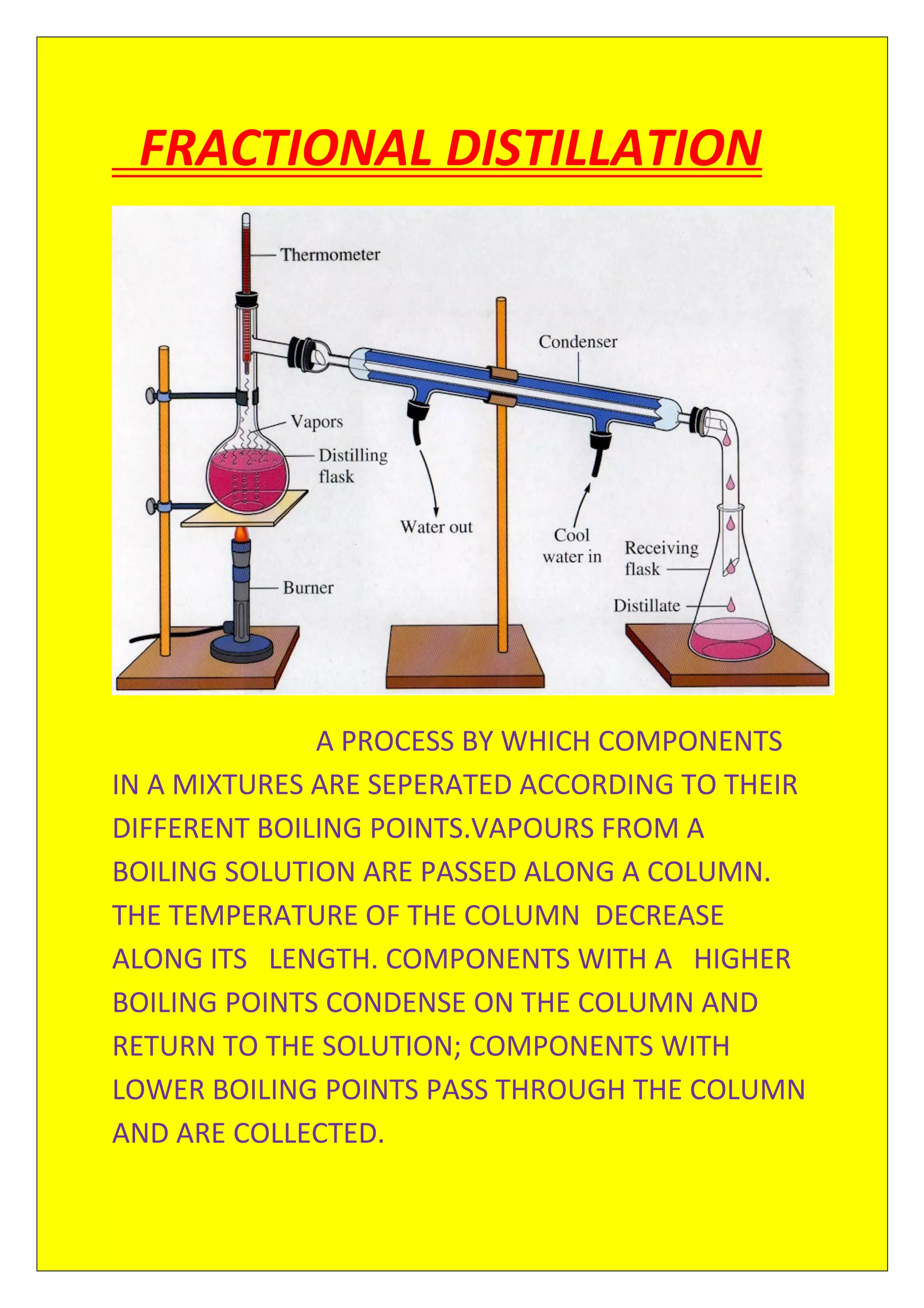 FRACTIONAL DISTILLATION
A PROCESS BY WHICH COMPONENTS
IN A MIXTURES ARE SEPERATED ACCORDING TO THEIR
DIFFERENT BOILING POINTS.VAPOURS FROM A
BOILING SOLUTION ARE PASSED ALONG A COLUMN.
THE TEMPERATURE OF THE COLUMN DECREASE
ALONG ITS LENGTH. COMPONENTS WITH A HIGHER
BOILING POINTS CONDENSE ON THE COLUMN AND
RETURN TO THE SOLUTION; COMPONENTS WITH
LOWER BOILING POINTS PASS THROUGH THE COLUMN
AND ARE COLLECTED.