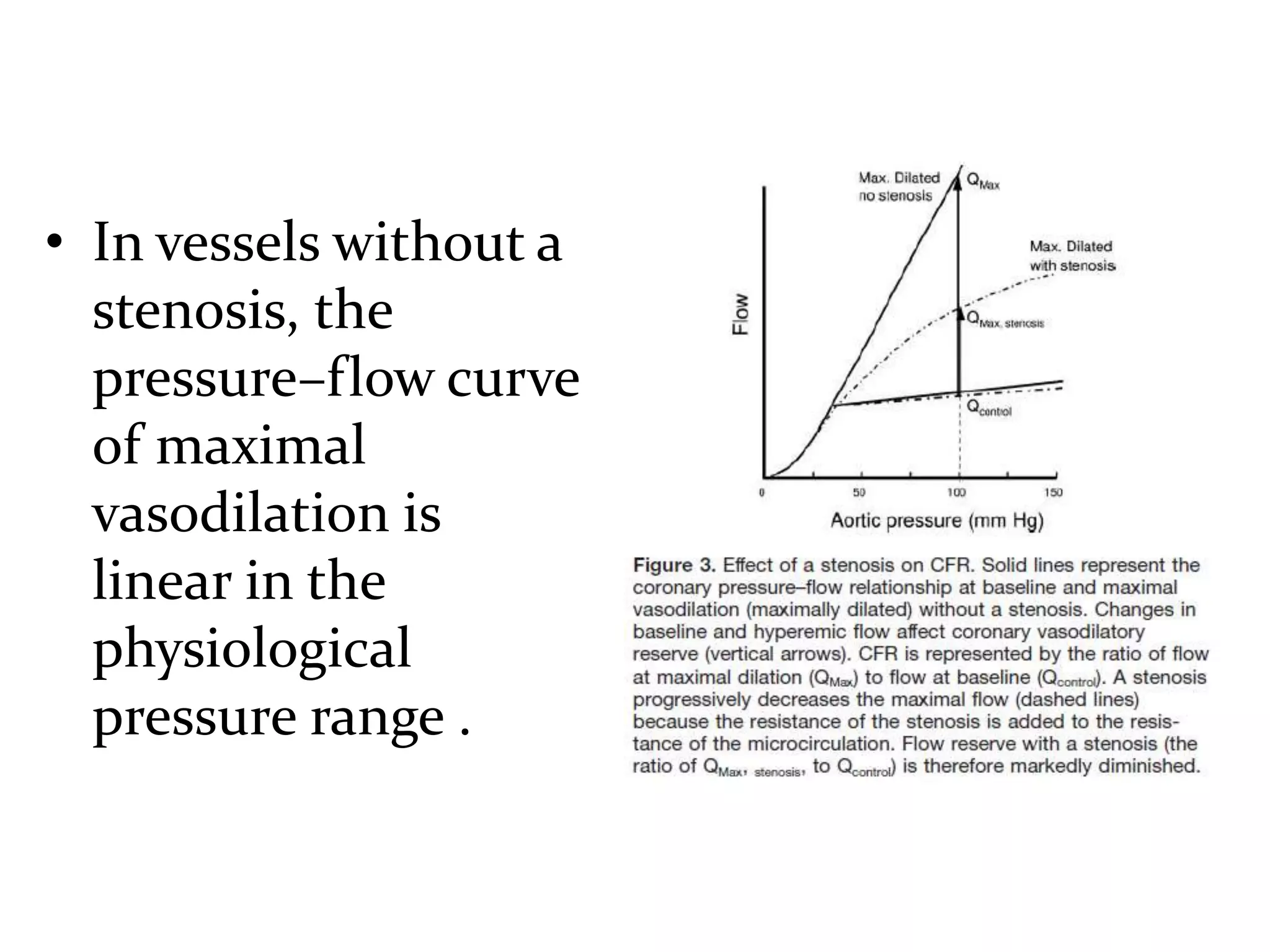 • In vessels without a
stenosis, the
pressure–flow curve
of maximal
vasodilation is
linear in the
physiological
pressure range .
 