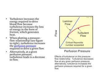 • Turbulence increases the
energy required to drive
blood flow because
turbulence increases the loss
of energy in the form of
friction, which generates
heat.
• When plotting a pressure-
flow relationship (see figure
to right), turbulence increases
the perfusion pressure
required to drive a given flow.
• Alternatively, at a given
perfusion pressure,
turbulence leads to a decrease
in flow.
 