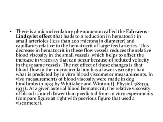 • There is a microcirculatory phenomenon called the Fahraeus-
Lindqvist effect that leads to a reduction in hematocrit in
small arterioles (less than 200 microns in diameter) and
capillaries relative to the hematocrit of large feed arteries. This
decrease in hematocrit in these flow vessels reduces the relative
blood viscosity in the small vessels, which helps to offset the
increase in viscosity that can occur because of reduced velocity
in these same vessels. The net effect of these changes is that
blood flow in the microcirculation has a lower viscosity than
what is predicted by in vitro blood viscometer measurements. In
vivo measurements of blood viscosity were made in dog
hindlimbs in 1933 by Whittaker and Winton (J. Physiol. 78:339,
1933). At a given arterial blood hematocrit, the relative viscosity
of blood is much lower than predicted from in vitro experiments
(compare figure at right with previous figure that used a
viscometer).
 