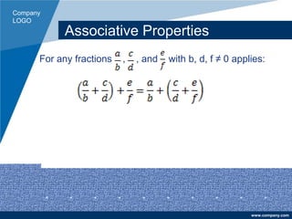 Company
LOGO
www.company.com
Associative Properties
For any fractions , , and with b, d, f ≠ 0 applies:
 