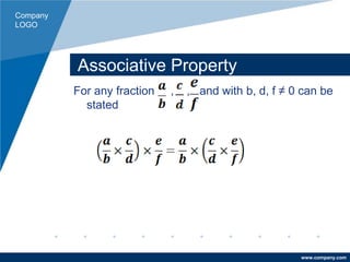 Company
LOGO
www.company.com
Associative Property
For any fraction , , and with b, d, f ≠ 0 can be
stated
 