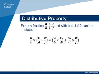 Company
LOGO
www.company.com
Distributive Property
For any fraction , , and with b, d, f ≠ 0 can be
stated:
 