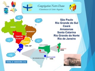 São Paulo
Rio Grande do Sul
Ceará
Amazonas
Santa Catarina
Rio Grande do Norte
Rio de Janeiro
2006
1956
1906 –SP
42
24
122
132
TOTAL D ´ASSOCIÉS: 212
 
