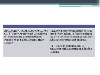 ACC/AATS/AHA/ASE/ASNC/SCAI/SC
CT/STS 2017 Appropriate Use Criteria
for Coronary Revascularization in
Patients With Stable Ischemic Heart
Disease:
•Invasive measurements (such as FFR)
may be very helpful in further defining
the need for revascularization and may
substitute for stress test findings.
•FFR ≤0.80 is abnormal and is
consistent with downstream inducible
ischemia.
 