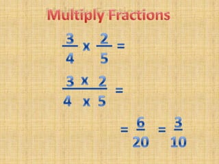 Multiply Fractions 3 4 2 5x=x 3____4   x  5 2=620310==
