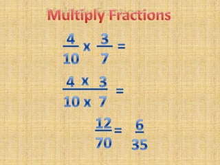 Multiply Fractions 4 10 3 7x=x 4____10 x  7 3=1270635=