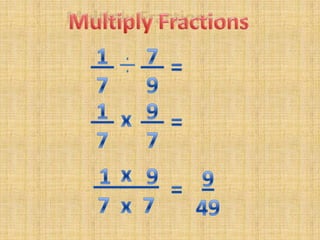 Multiply Fractions 1 7 7 9= 1 7 9 7x=x 1____7  x  7 9949=