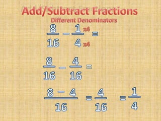 Add/Subtract FractionsDifferent Denominators 8 16 1 4_x4=x4 8 16 4 16_=_ 1 4 8____16 4 4 16==