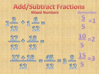 Add/Subtract FractionsMixed NumbersRemember55 3 12 6 12=1+ =21105 27 12 18 12=2+ =155 45 12 27 + 18 12 9  12=3==3