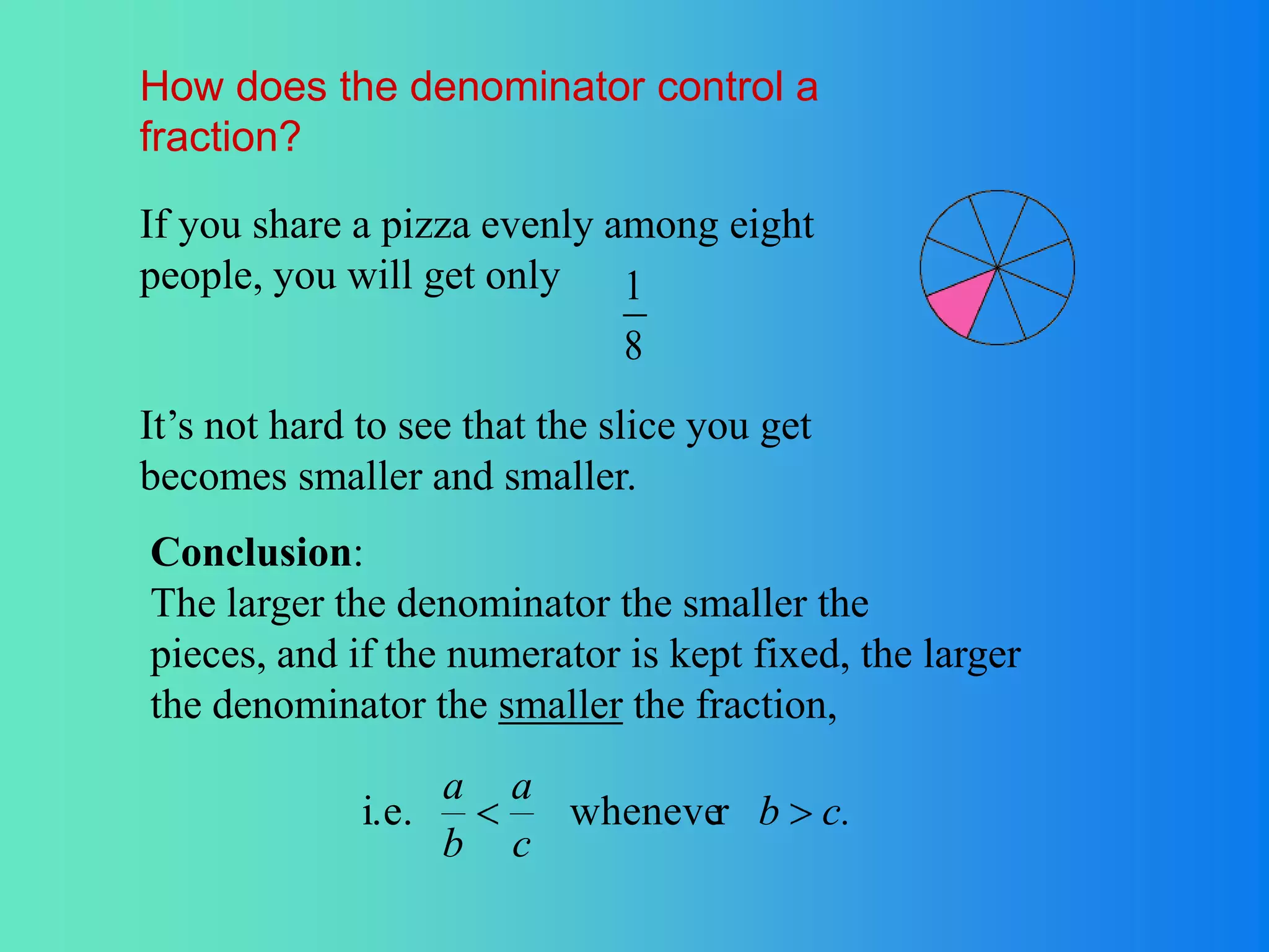 How does the denominator control a
fraction?

If you share a pizza evenly among eight
people, you will get only 1
                              8
It’s not hard to see that the slice you get
becomes smaller and smaller.
Conclusion:
The larger the denominator the smaller the
pieces, and if the numerator is kept fixed, the larger
the denominator the smaller the fraction,
                     a   a
              i.e.         whenever b         c.
                     b   c
 