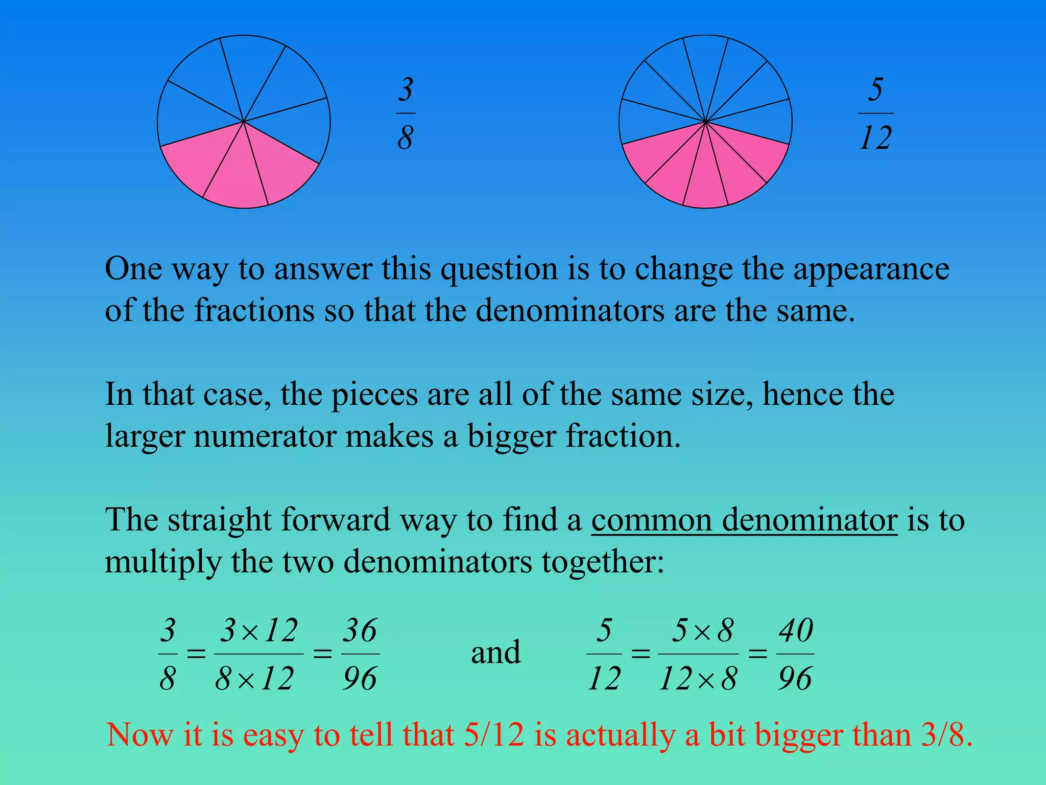 3                                   5
                       8                                  12


One way to answer this question is to change the appearance
of the fractions so that the denominators are the same.

In that case, the pieces are all of the same size, hence the
larger numerator makes a bigger fraction.

The straight forward way to find a common denominator is to
multiply the two denominators together:
    3   3 12      36                  5    5 8     40
                            and
    8   8 12      96                 12   12 8     96
Now it is easy to tell that 5/12 is actually a bit bigger than 3/8.
 