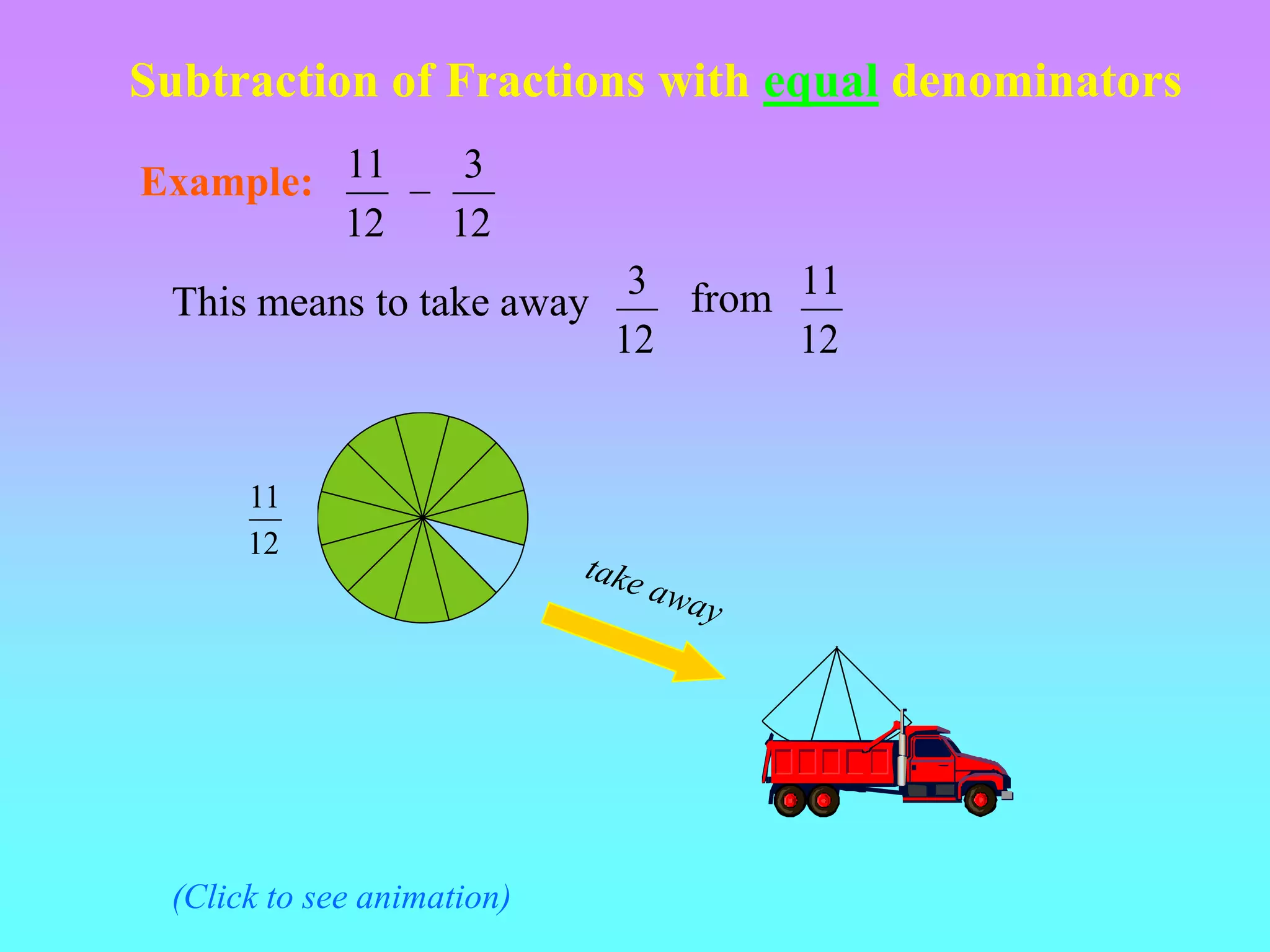 Subtraction of Fractions with equal denominators

Example: 11          3
         12         12
                             3 from 11
 This means to take away
                            12      12


      11
      12




 (Click to see animation)
 