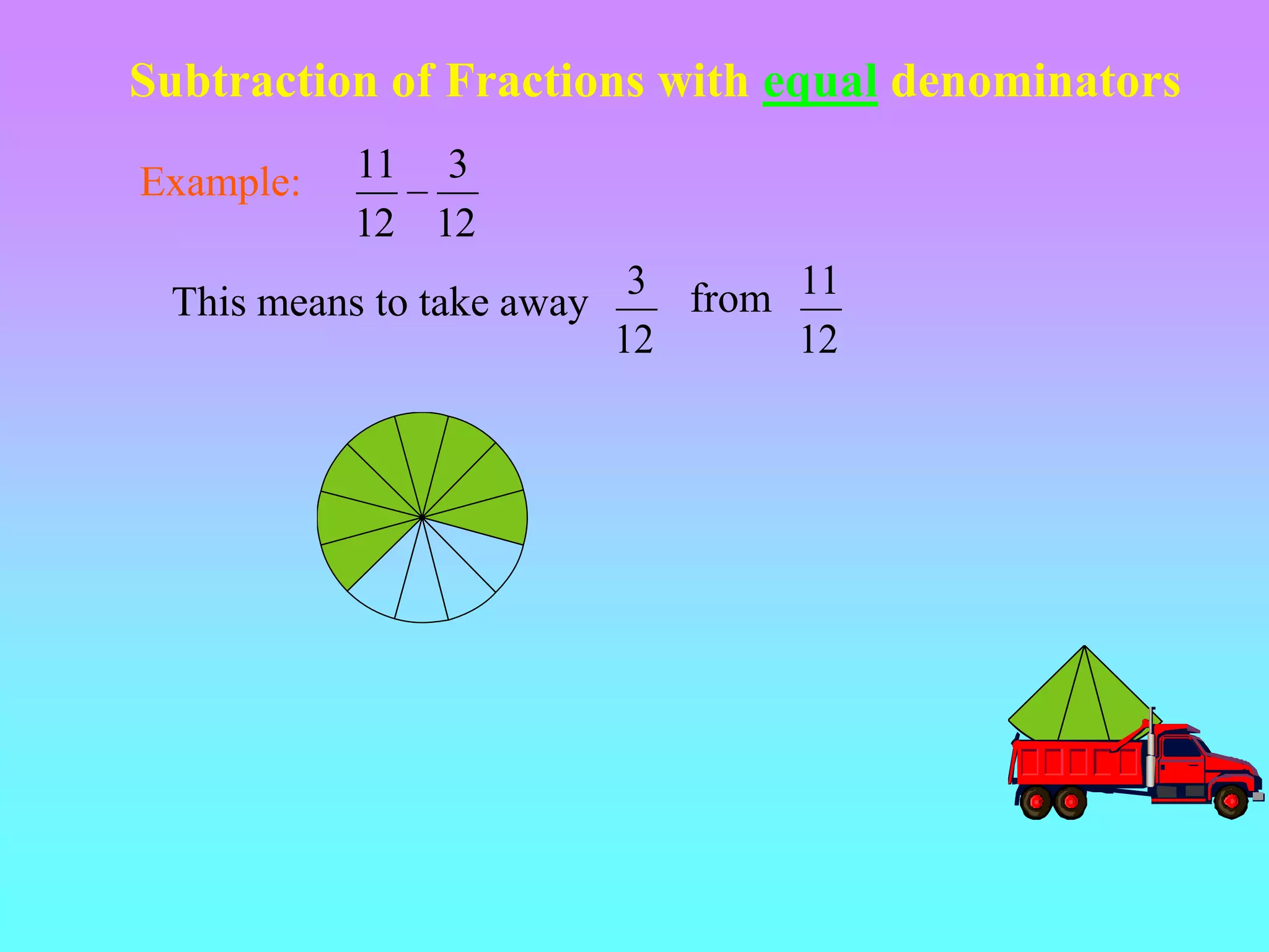 Subtraction of Fractions with equal denominators

Example:   11 3
           12 12
                            3 from 11
 This means to take away
                           12      12
 