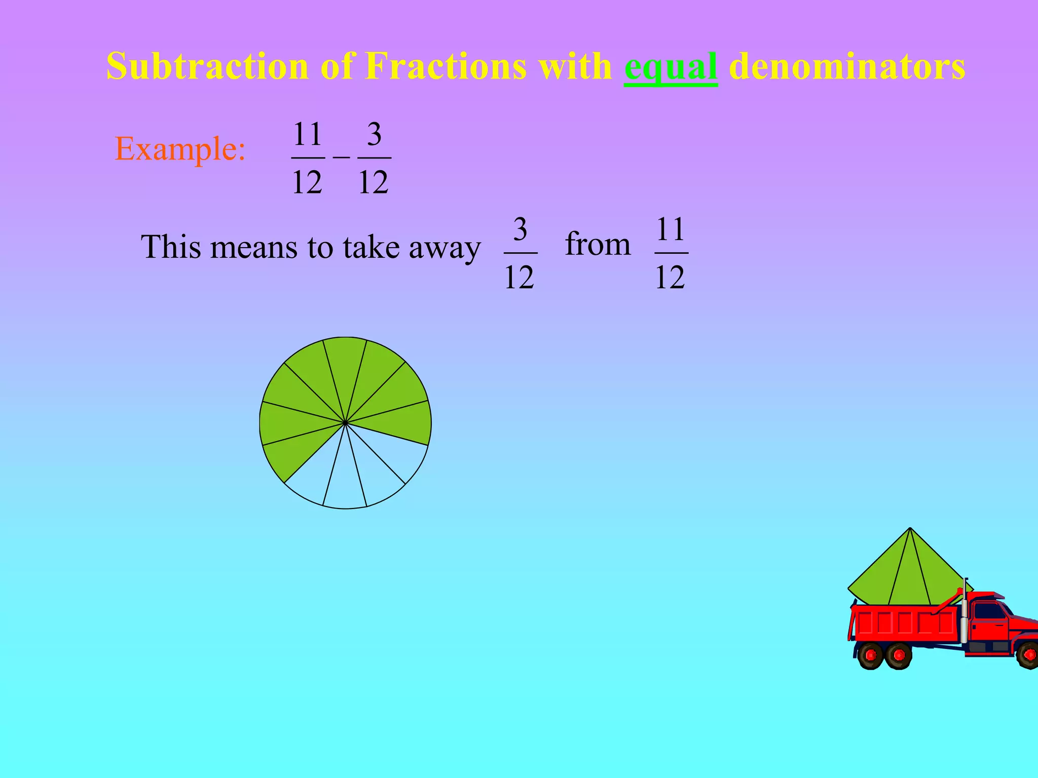 Subtraction of Fractions with equal denominators

Example:   11 3
           12 12
                            3 from 11
 This means to take away
                           12      12
 