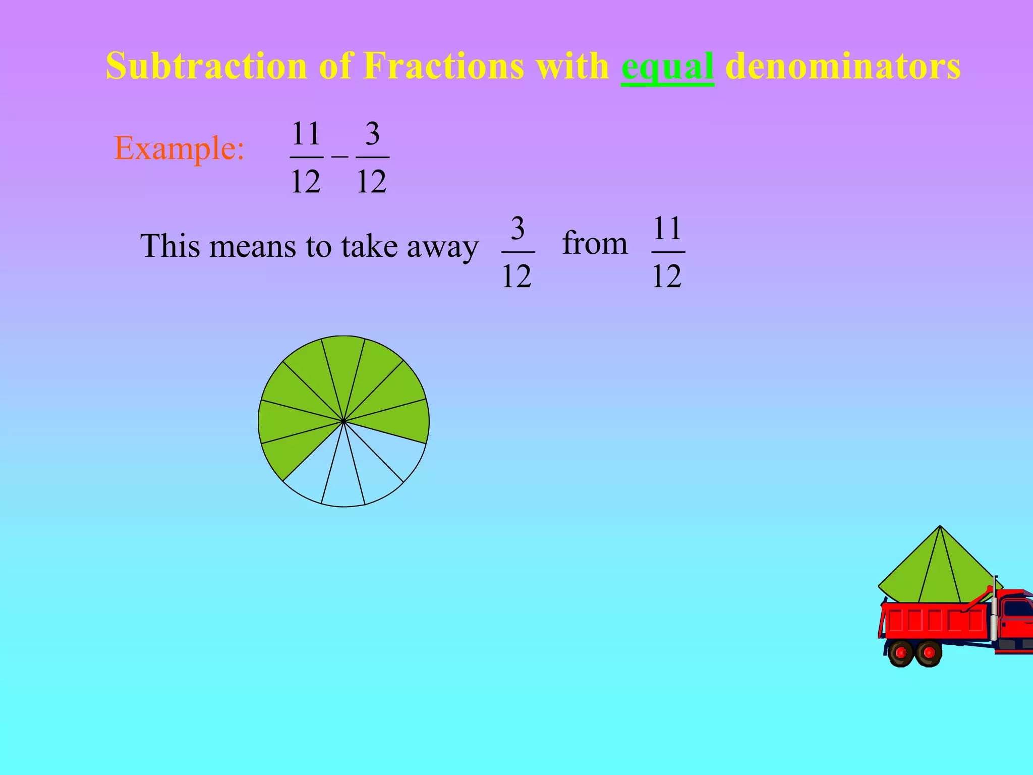 Subtraction of Fractions with equal denominators

Example:   11 3
           12 12
                            3 from 11
 This means to take away
                           12      12
 
