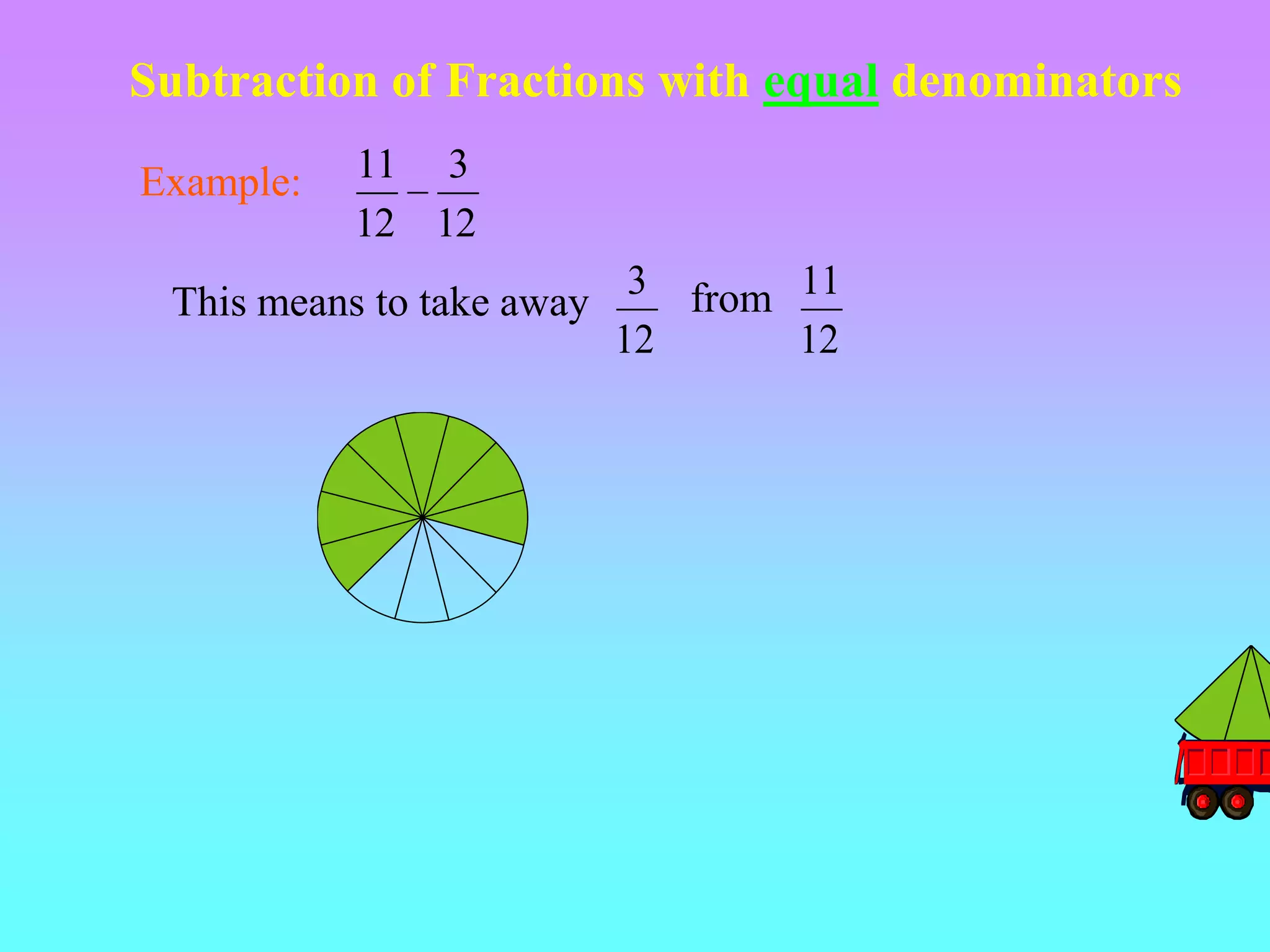 Subtraction of Fractions with equal denominators

Example:   11 3
           12 12
                            3 from 11
 This means to take away
                           12      12
 