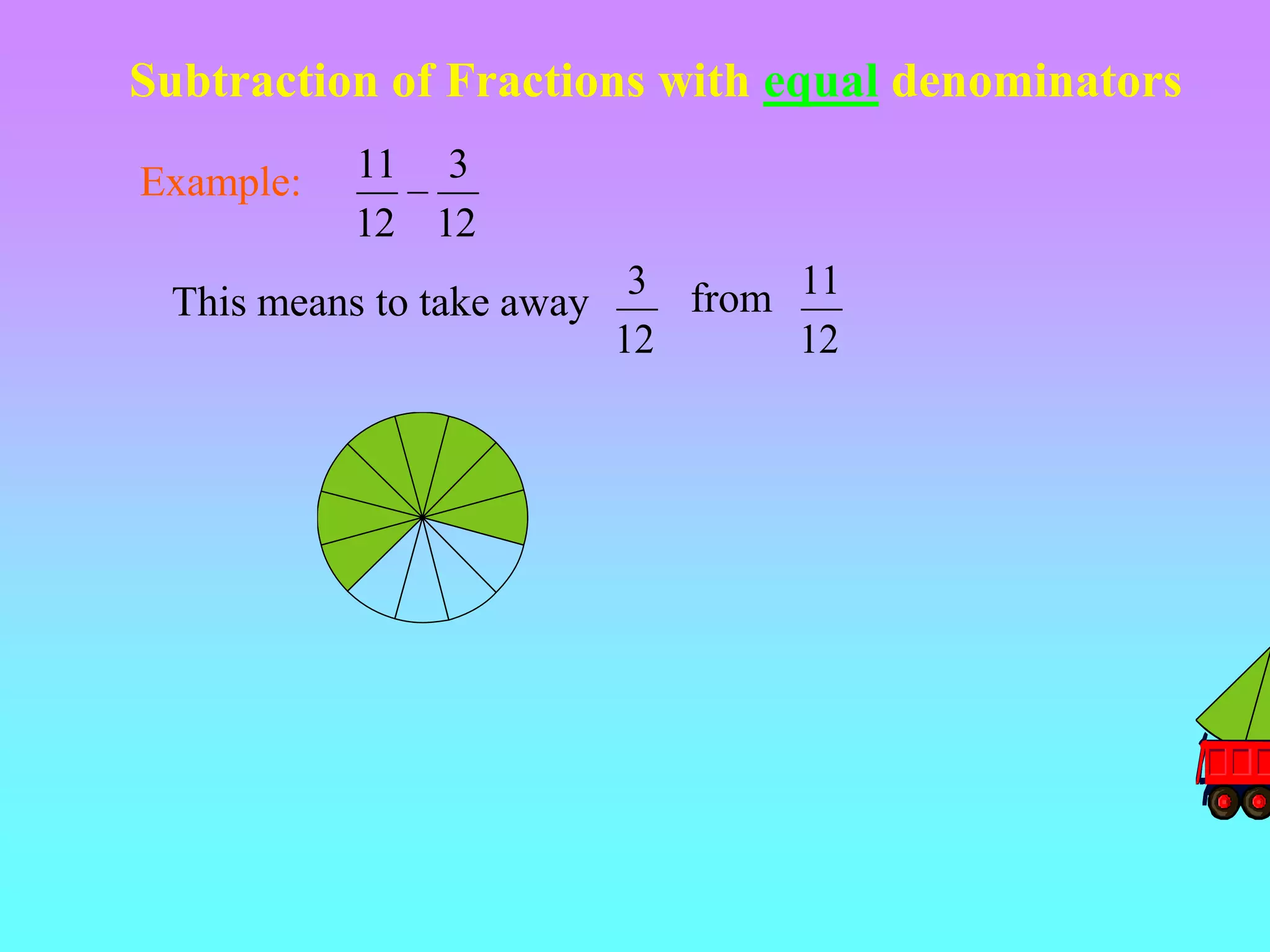 Subtraction of Fractions with equal denominators

Example:   11 3
           12 12
                            3 from 11
 This means to take away
                           12      12
 