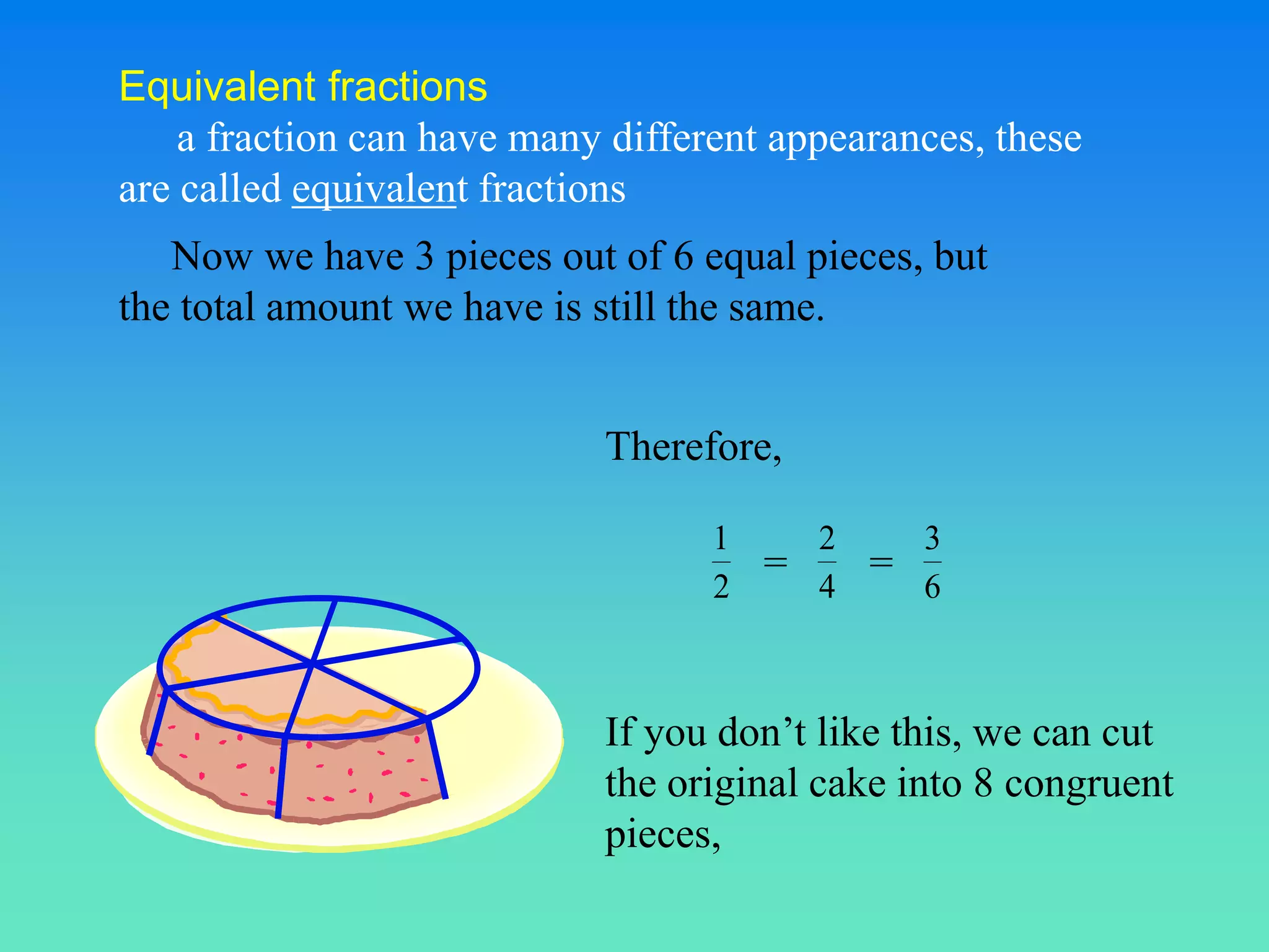 Equivalent fractions
    a fraction can have many different appearances, these
are called equivalent fractions
   Now we have 3 pieces out of 6 equal pieces, but
the total amount we have is still the same.


                            Therefore,

                                   1       2       3
                                       =       =
                                   2       4       6



                            If you don’t like this, we can cut
                            the original cake into 8 congruent
                            pieces,
 