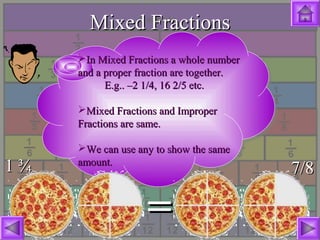 1 ¾1 ¾ 7/87/8
Mixed FractionsMixed Fractions
In Mixed Fractions a whole numberIn Mixed Fractions a whole number
and a proper fraction are together.and a proper fraction are together.
E.g.. –2 1/4, 16 2/5 etc.E.g.. –2 1/4, 16 2/5 etc.
Mixed Fractions and ImproperMixed Fractions and Improper
Fractions are same.Fractions are same.
We can use any to show the sameWe can use any to show the same
amount.amount.
==
 