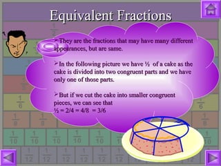Equivalent FractionsEquivalent Fractions
They are the fractions that may have many differentThey are the fractions that may have many different
appearances, but are same.appearances, but are same.
In the following picture we have ½ of a cake as theIn the following picture we have ½ of a cake as the
cake is divided into two congruent parts and we havecake is divided into two congruent parts and we have
only one of those parts.only one of those parts.
But if we cut the cake into smaller congruentBut if we cut the cake into smaller congruent
pieces, we can see thatpieces, we can see that
½ = 2/4 = 4/8 = 3/6½ = 2/4 = 4/8 = 3/6
 
