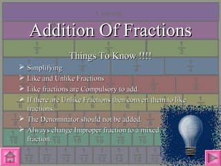 Addition Of FractionsAddition Of Fractions
Things To Know !!!!Things To Know !!!!
 SimplifyingSimplifying
 Like and Unlike FractionsLike and Unlike Fractions
 Like fractions are Compulsory to add.Like fractions are Compulsory to add.
 If there are Unlike Fractions then convert them to likeIf there are Unlike Fractions then convert them to like
fractions.fractions.
 The Denominator should not be added.The Denominator should not be added.
 Always change Improper fraction to a mixedAlways change Improper fraction to a mixed
fraction.fraction.
 