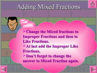 Adding Mixed FractionsAdding Mixed Fractions
Change the Mixed fractions toChange the Mixed fractions to
Improper Fractions and then toImproper Fractions and then to
Like Fractions.Like Fractions.
At last add the Improper LikeAt last add the Improper Like
Fractions.Fractions.
Don’t forget to change theDon’t forget to change the
answer to Mixed Fraction again.answer to Mixed Fraction again.
 