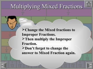 Multiplying Mixed FractionsMultiplying Mixed Fractions
Change the Mixed fractions toChange the Mixed fractions to
Improper Fractions.Improper Fractions.
Then multiply the ImproperThen multiply the Improper
Fraction.Fraction.
Don’t forget to change theDon’t forget to change the
answer to Mixed Fraction again.answer to Mixed Fraction again.
 