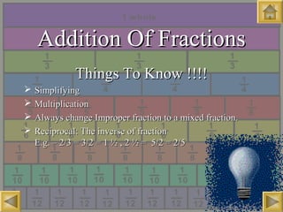 Addition Of FractionsAddition Of Fractions
Things To Know !!!!Things To Know !!!!
 SimplifyingSimplifying
 MultiplicationMultiplication
 Always change Improper fraction to a mixed fraction.Always change Improper fraction to a mixed fraction.
 Reciprocal: The inverse of fractionReciprocal: The inverse of fraction
E.g. – 2/3 = 3/2 = 1 ½ , 2 ½ = 5/2 = 2/5E.g. – 2/3 = 3/2 = 1 ½ , 2 ½ = 5/2 = 2/5
 